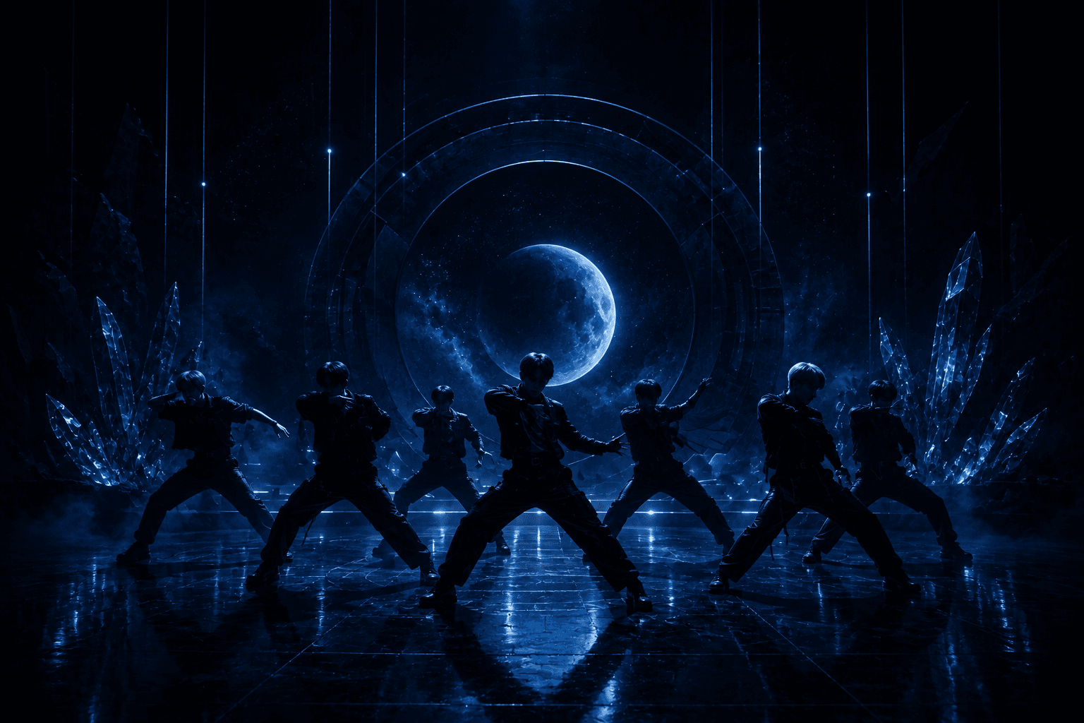 Grupo de baile sobre un escenario lunar