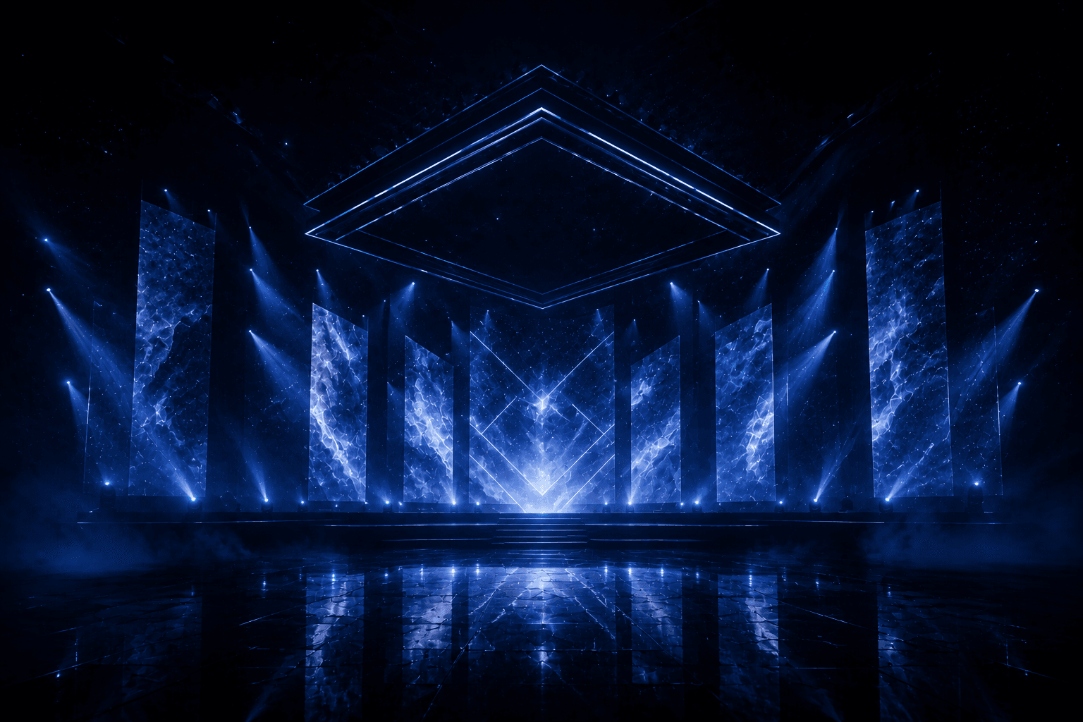 Escenario iluminado con paneles azules